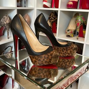 Louboutin Maggie 160MM Black Kid/Leopard Pony Hair- 37